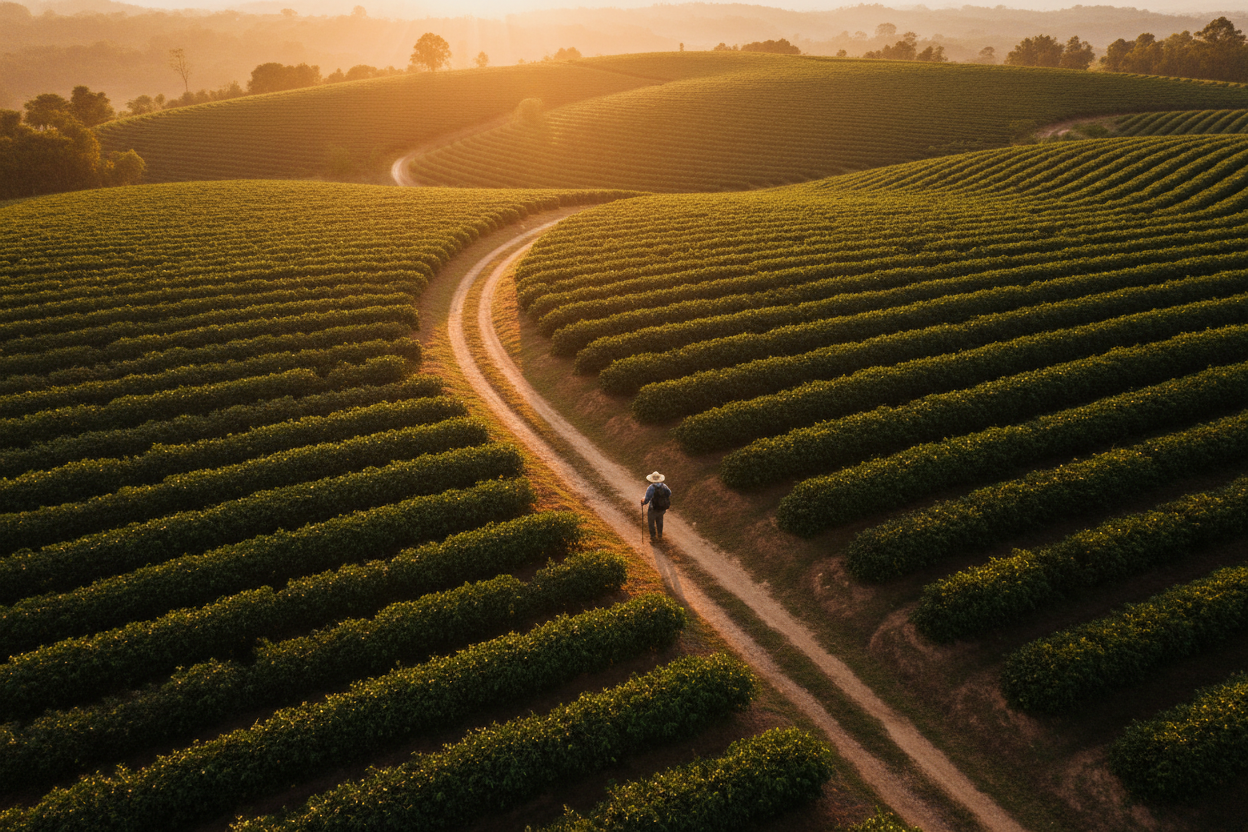 a man walking the way that middle of the coffee farm it is a drone capture 60 degree angle. golden hour. 
